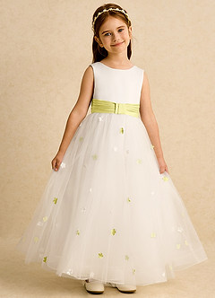 Azazie Cricket Flower Girl Dresses Ivory Lemon Sorbet Ball-Gown Pleated Matte Satin Dress image1