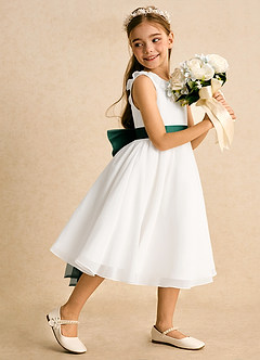 Azazie Dani Abiti da Ragazza di Fiori Abito A-Line in Chiffon Fiocco Avorio Smeraldo image3