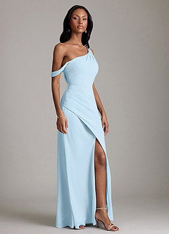 Azazie Madelyn Vestidos de damas de honor Vestido de Azul Cielo de Gasa de Corte Sirena Convertible con Hombro unilateral image5