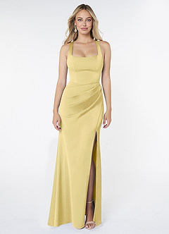 Azazie Mero Bridesmaid Dresses Lemon Sorbet Sheath Pleated Stretch Satin Dress image1