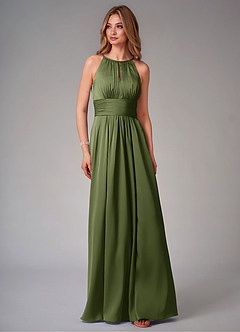 Azazie Bonnie Bridesmaid Dresses Olive A-Line Pleated Stretch Satin Dress image6