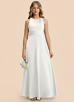 Azazie Christina Junior Vestido Blanco de Satén Elástico de Corte en A con Drapeado image3