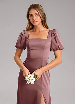 Azazie Fyona Bridesmaid Dresses Vintage Mauve A-Line Pleated Stretch Satin Dress image6