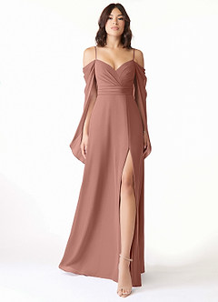 Azazie Cienna Bridesmaid Dresses Cedar Rose A-Line Off the Shoulder Chiffon Dress image1