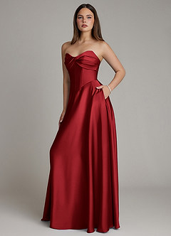 Azazie Meleena Bridesmaid Dresses Scarlet A-Line Strapless Stretch Satin Dress image6
