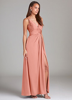 Azazie Maren Allure Bridesmaid Dresses Coral A-Line Lace Stretch Satin Dress image4