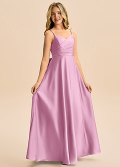 Azazie Rumi Junior Candy Pink A-Line Pleated Stretch Satin Dress image5