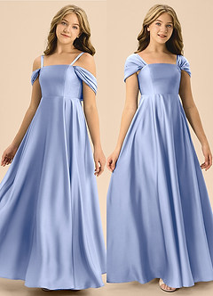 Azazie Rowena Junior A라인 절하다 스트레치 새틴 플로어 길이 주니어 신부 들러리 드레스 image1