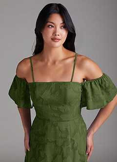 Azazie Sue Bridesmaid Dresses Olive A-Line Off the Shoulder Floral Burnout Convertible Dress image2