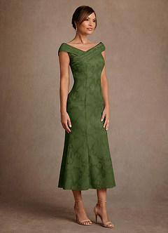 Azazie Keith Mother of the Bride Dresses Olive Sheath Pleated Floral Burnout Dress image3
