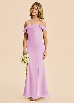 Azazie Nira Junior Vestido Rosa Caramelo de Gasa de Corte Sirena con Drapeado image1