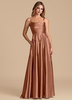 Azazie Shaude Abiti da Damigella Abito A-Line in Raso Metallizzato Plissettato Bronzo image1