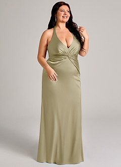 Azazie Valerie Jurken voor bruidsmeisjes Jurk van Stretch Satijn met Zeemeermin Geplooid Mosgroen image10