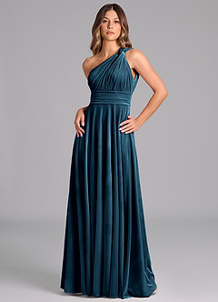 Azazie Charlize Bridesmaid Dresses Blue Topaz A-Line One Shoulder Velvet Dress image5
