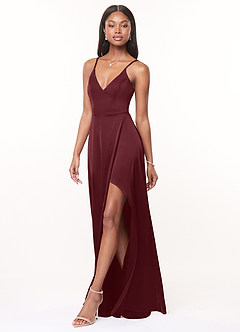 Azazie Maksim Bridesmaid Dresses Cabernet A-Line V-Neck Stretch Satin Dress image4