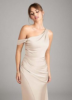 Azazie Madelyn Robes de demoiselle d'honneur Robe Sirène Convertible en Satin extensible Une épaule Albâtre Blanc image11