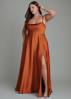 Azazie Elle Bridesmaid Dresses Cinnamon A-Line Pleated Stretch Satin Dress image11