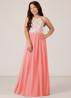 Azazie Fahari Junior Coral A-Line Lace Chiffon Dress image2
