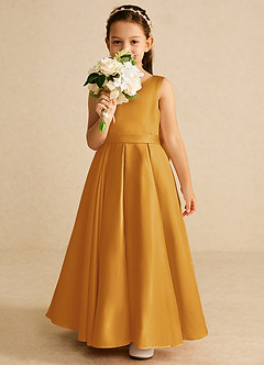 Azazie Pipsy Flower Girl Dresses Butterscotch A-Line Bow Matte Satin Dress image5