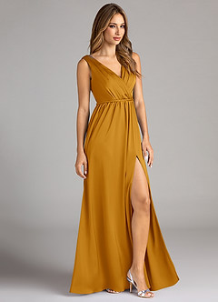 Azazie Tanicia Robes de demoiselle d'honneur Robe Trapèze en Satin extensible Plissée Caramel écossais image4