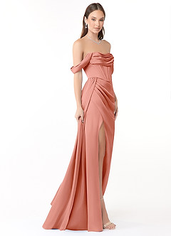 Azazie Amyra Bridesmaid Dresses Coral Sheath Off the Shoulder Stretch Satin Convertible Dress image4