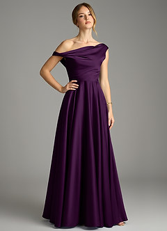 Azazie Xanthe Robes de demoiselle d'honneur Robe Trapèze en Satin extensible Épaules dénudées Grain De Raisin image1
