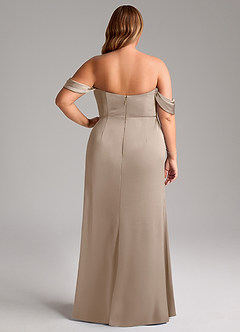 Azazie Saige Bridesmaid Dresses Taupe Sheath Off the Shoulder Stretch Satin Dress image13