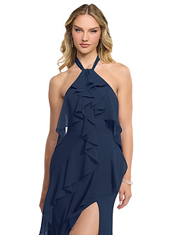 Azazie Velma Bridesmaid Dresses Dark Navy A-Line Side Slit Chiffon Dress image4