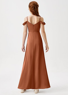 Azazie Ocean Junior Copper A-Line Off the Shoulder Stretch Satin Dress image7