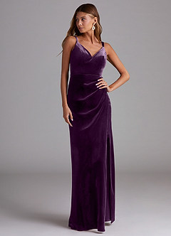Azazie Leo Bridesmaid Dresses Grape Sheath Pleated Velvet Dress image4
