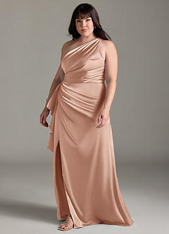 Azazie Maive Bridesmaid Dresses Rose Gold Sheath Ruched Stretch Satin Dress image9