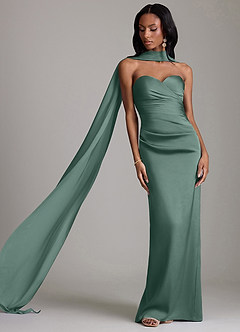 Azazie Sonora Vestidos de damas de honor Vestido de Eucalipto de Satén Elástico de Corte Recto con Sin tirantes image8