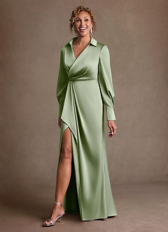 Azazie Jacinta Mère de la mariée Robes Robe Fourreau en Satin extensible Plissée Vert Sauge image2