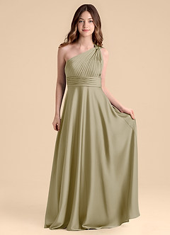 Azazie Charlize Junior Abito A-Line in Raso Elasticizzato Plissettato Verde Muschio image4