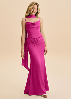 Azazie Sorrel Junior Robe Sirène en Satin extensible Rayé Fuchsia image1