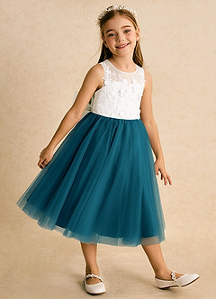 Azazie Lina Flower Girl Dresses Ivory Ink Blue Ball-Gown Lace Dress image4
