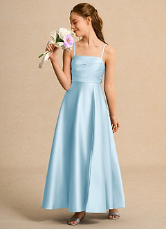 Azazie Pebbles Junior Formal vestidos de niña de las flores Vestido de Azul Cielo de Satin Mate de Corte En A con Plisado image5