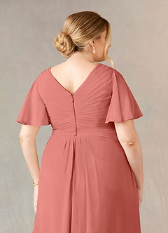 Azazie Morning Glory Mother of the Bride Dresses Salmon Pink A-Line V-Neck Ruched Chiffon Dress image10