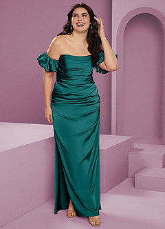 Barbie ♥ Azazie Robes de demoiselle d'honneur Robe Fourreau Convertible en Satin extensible Épaule décolletée Paon image12