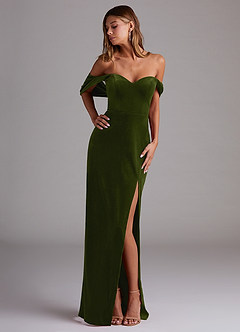 Azazie Shay Bridesmaid Dresses Olive Sheath Off the Shoulder Velvet Convertible Dress image1