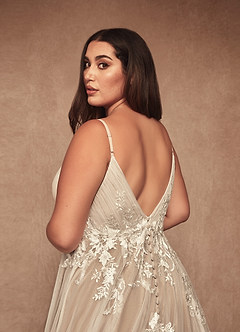 Azazie Rhodes Diamond White Nude A-Line V-Neck Sequins Tulle Dress | Azazie