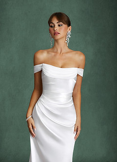 Azazie Darlene Wedding Dresses Diamond White Mermaid Off the Shoulder Metallic Satin Dress image4