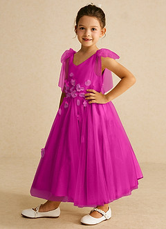 Azazie Minia Flower Girl Dresses Fuchsia A-Line Bow Matte Satin Dress image5