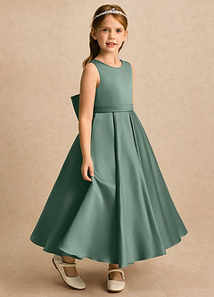 Azazie Cali Blumenmädchenkleider A-Linie Schleifen Matte Satin Kleid Eukalyptus image4