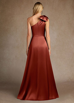 Azazie Easton Vestidos para mãe da noiva Vestido Terracota de Cetim elástico de Linha A com Um ombro image3