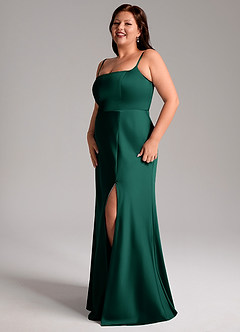 Azazie Lidia Bridesmaid Dresses Emerald Mermaid Side Slit Stretch Satin Dress image4