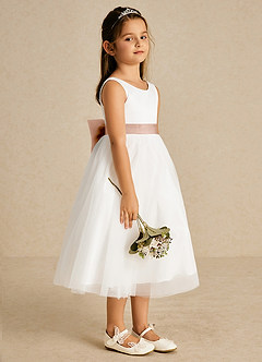 Azazie Kavi Blumenmädchenkleider A-Linie Schleifen Matte Satin Kleid Elfenbein Champagnerrose image4