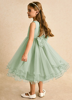 Azazie Lass Abiti da Ragazza di Fiori Abito A-Line in Tulle Fiocco Verde Salvia image3
