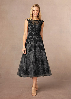 Azazie Flynn Mother of the Bride Dresses Black A-Line Boatneck Lace Tulle Dress image1