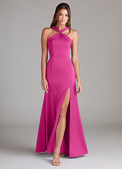 Azazie Rue Bridesmaid Dresses Fuchsia A-Line Pleated Stretch Satin Dress image3